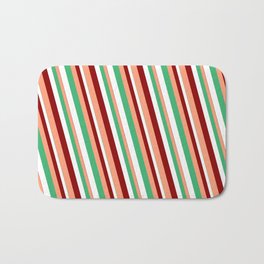 [ Thumbnail: Sea Green, White, Dark Red & Light Salmon Colored Lines/Stripes Pattern Bath Mat ]