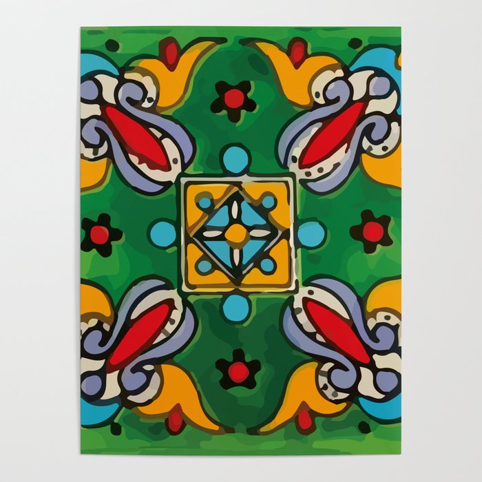 Abstract green cruz mexican modern talavera tile wall Poster by T Mex