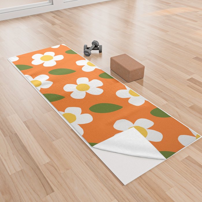 Little White Daisy Flowers Modern Floral Orange Yoga Towel