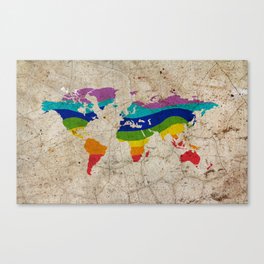 Rainbow color painted world map on dirty old grunge cement wall Canvas Print