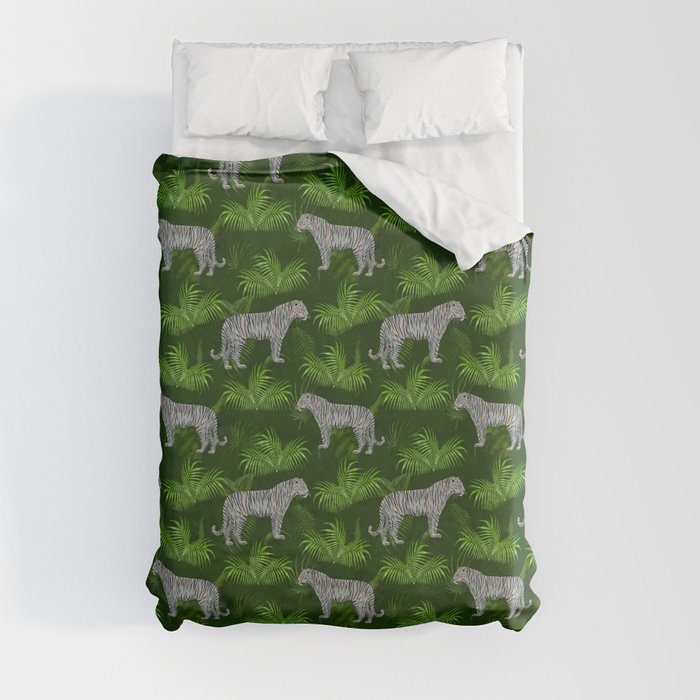 seamless pattern with white tigers and tropical vegetation Duvet Cover