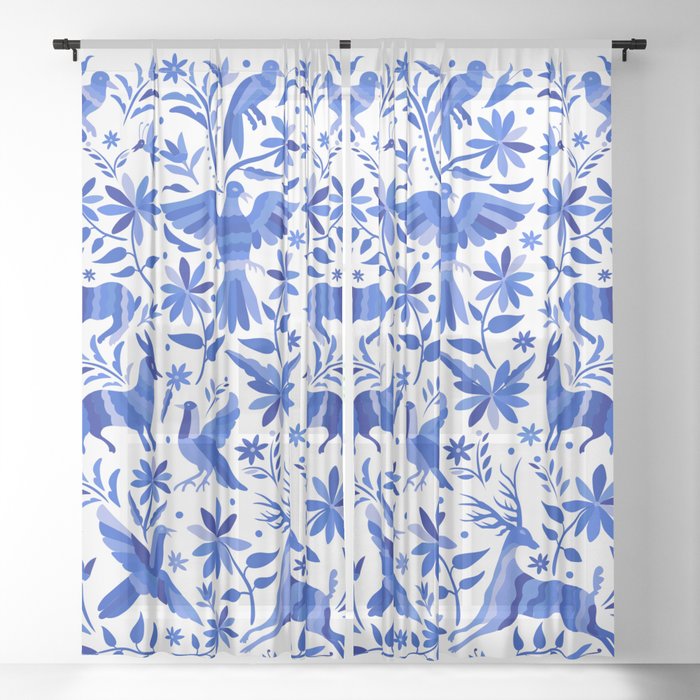 Mexican Otomí Design in Deep Blue by Akbaly Sheer Curtain