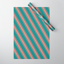 [ Thumbnail: Dark Cyan & Salmon Colored Stripes Pattern Wrapping Paper ]