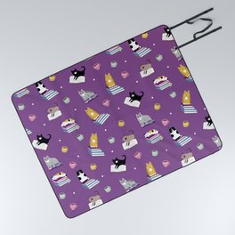 Cats, Books and Coffee on Purple 11000 Picnic Blanket