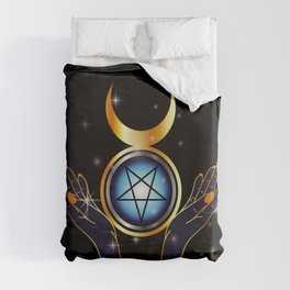Triple Goddess symbol and hands holding an inverted pentacle Duvet Cover