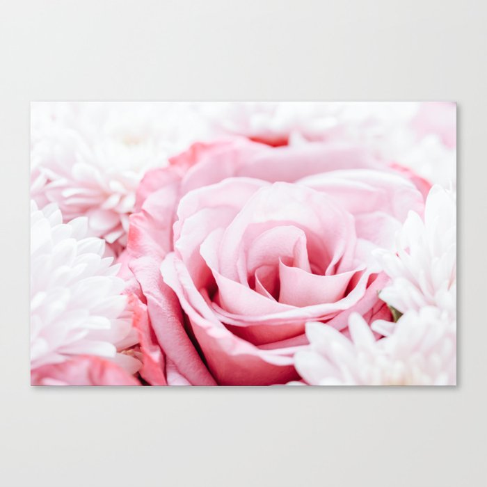 Pink Roses and Gerbera Daisy Flowers Wedding Bouquet, Love Photo, Romantic Celebration, Wall Art Canvas Print
