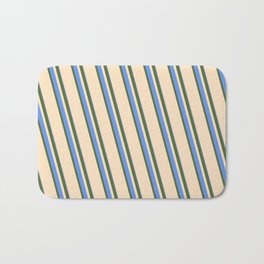 [ Thumbnail: Dark Olive Green, Bisque, and Cornflower Blue Colored Stripes Pattern Bath Mat ]