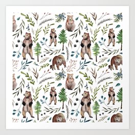 Bears, trees, and leaves pattern Art Print