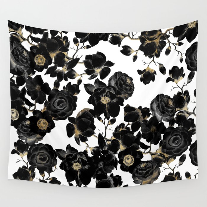 Modern Elegant Black White and Gold Floral Pattern Wall Tapestry