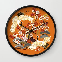 CRANES AND COLOR SAKURA. Colorful floral seamless pattern with flowers, japanese bird. Vintage traditional folk fashion ornament on Orange background. Wall Clock