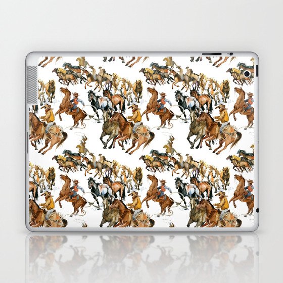 Running horses seamless pattern. American cowboy. Wild west. watercolor tribal texture. Equestrian illustration Laptop & iPad Skin