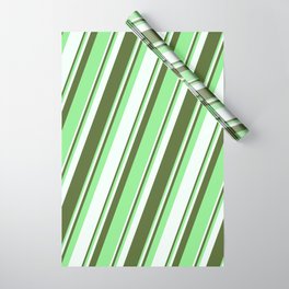 [ Thumbnail: Dark Olive Green, Light Green, and Mint Cream Colored Lines Pattern Wrapping Paper ]