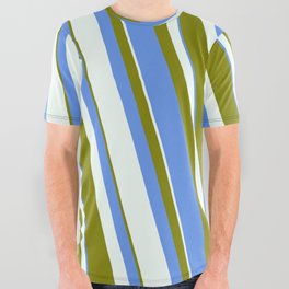 [ Thumbnail: Mint Cream, Green & Cornflower Blue Colored Striped/Lined Pattern All Over Graphic Tee ]