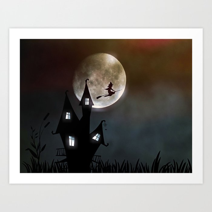 Drawing of a witch leaving her house on a broom in front of a full moon Art Print