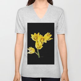 Yellow Orchids On Black Background Floral Art V Neck T Shirt
