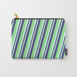 [ Thumbnail: Dark Slate Blue, Light Green & Light Cyan Colored Lined Pattern Carry-All Pouch ]