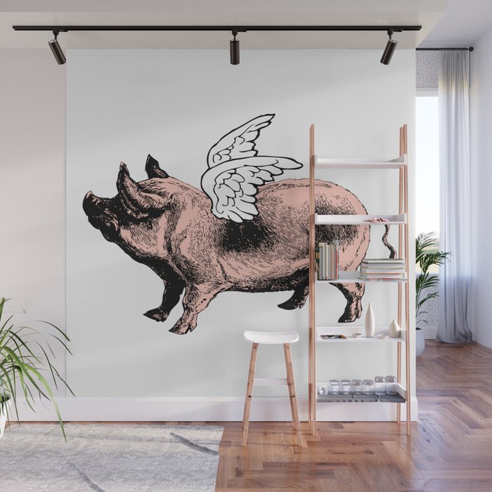Pig With Wings Flying When Pigs Fly Vintage Wall Mural By Eclectic At Heart Society6 - Flying Pig Wall Art