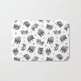 Rhino's Grazing - Black & White Bath Mat | Grey, Animal, Pattern, Rhino, Grass, White, Drawing, Watercolor, Painting, Rhinoceros 