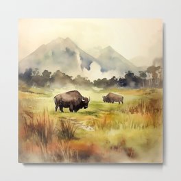 American Bison - Watercolor Landscape Metal Print