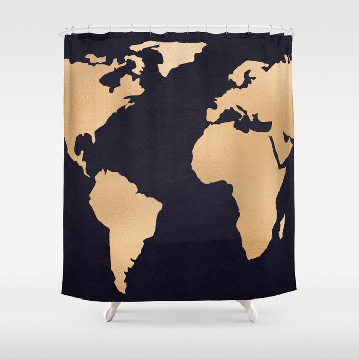 World Map Metallic Copper On Navy Blue Shower Curtain By Mapmaker