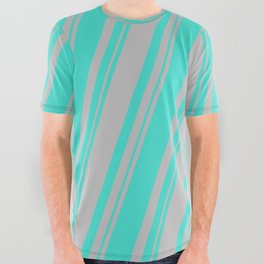 [ Thumbnail: Turquoise and Grey Colored Stripes Pattern All Over Graphic Tee ]