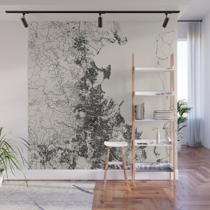 Brisbane, Australia - Authentic Map Illustration - Black & White Wall Mural