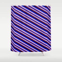 [ Thumbnail: Colorful Blue, Light Gray, Purple, Maroon, and Black Colored Stripes/Lines Pattern Shower Curtain ]