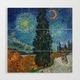 Road with Cypress and Star; Country Road in Provence by Night, oil-on-canvas post-impressionist landscape painting by Vincent van Gogh in alternate blue twilight sky Wood Wall Art