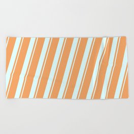 [ Thumbnail: Brown & Light Cyan Colored Lined/Striped Pattern Beach Towel ]