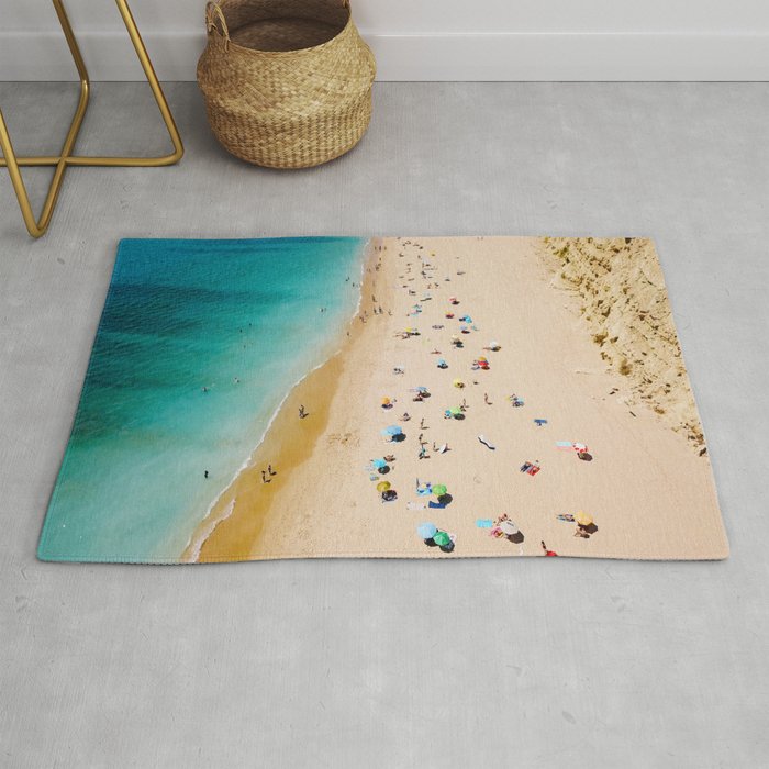 People On Algarve Beach In Portugal, Drone Photography, Aerial Photo, Ocean Wall Art Print Rug