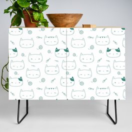 Green Blue Doodle Kitten Faces Pattern Credenza