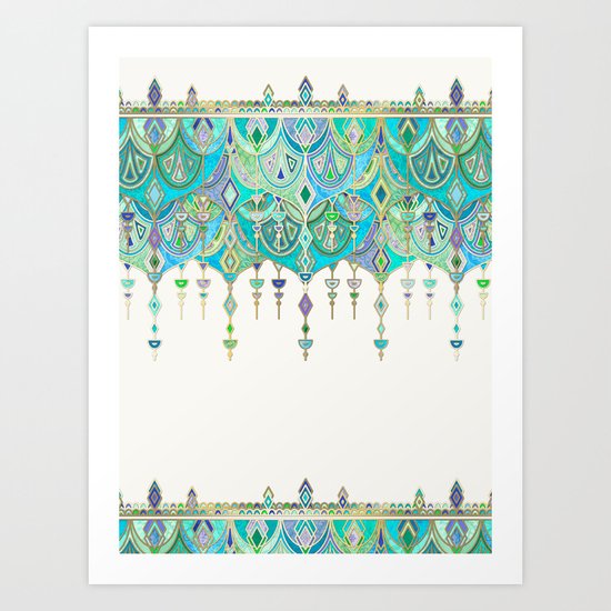 Art Deco Double Drop in Jade and Aquamarine on Cream Art Print