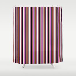 [ Thumbnail: Orchid, Brown, White & Black Colored Lined Pattern Shower Curtain ]
