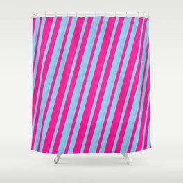 [ Thumbnail: Sky Blue & Deep Pink Colored Striped Pattern Shower Curtain ]