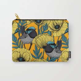 Fairy wren and poppies in yellow Carry-All Pouch | Illustration, Wings, Drawing, Wildlife, Botanical, Art, Curated, Flower, Vector, Fairy 