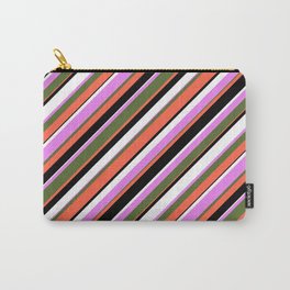 [ Thumbnail: Eyecatching Violet, Dark Olive Green, Red, Black, and White Colored Striped Pattern Carry-All Pouch ]