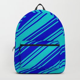 [ Thumbnail: Blue & Dark Turquoise Colored Stripes/Lines Pattern Backpack ]