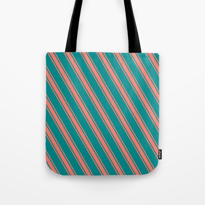 Dark Cyan & Salmon Colored Stripes Pattern Tote Bag
