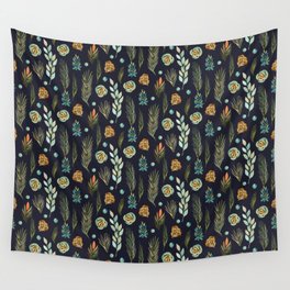 Plants Pattern Branches Leaves Green Navy Floral Watercolor Wall Tapestry