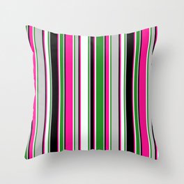 [ Thumbnail: Eyecatching Grey, Forest Green, Mint Cream, Deep Pink, and Black Colored Pattern of Stripes Throw Pillow ]