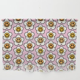 Bold And Funky Flower Smileys Pattern (Pink BG) Wall Hanging