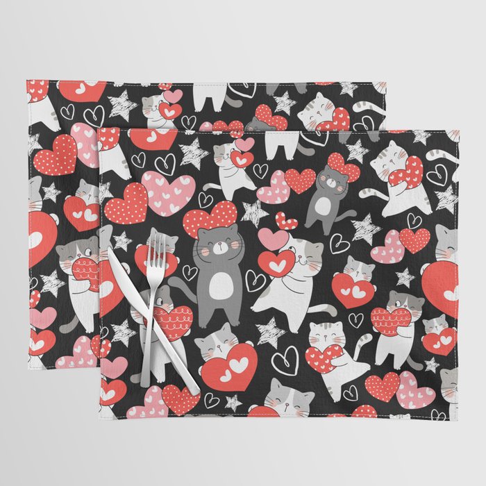 valentine cute cats with heart seamless pattern Placemat