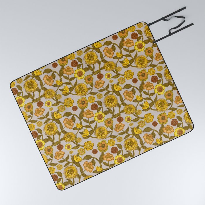 70s retro yellow flowers, hippie, boho, groovy, pattern Picnic Blanket