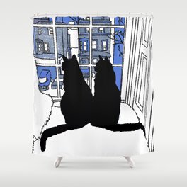 Window Cats At Dusk Silhouette Blue Shower Curtain