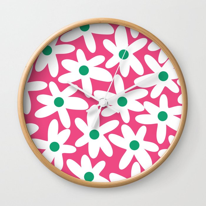 Daisy Time Colorful Retro Floral Pattern Preppy Pink Green White Wall Clock