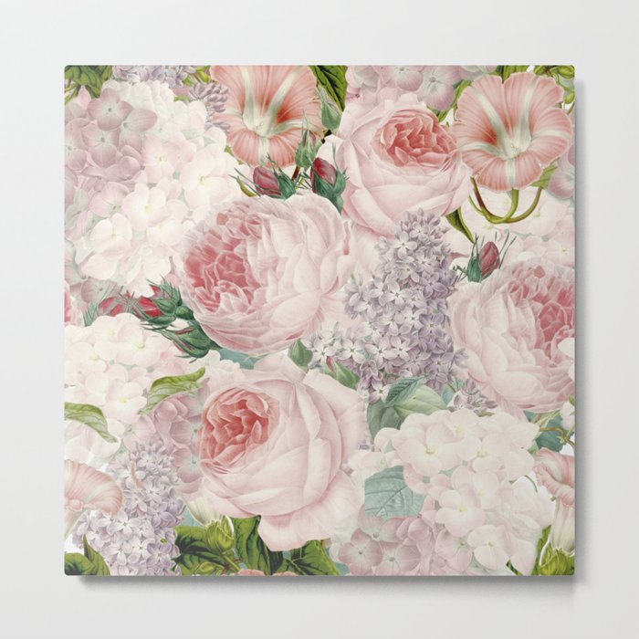 Vintage Roses and Lilacs Pattern - Smelling Dreams Metal Print