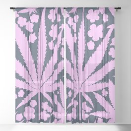 Modern Retro Cannabis And Flowers Pink On Navy Sheer Curtain