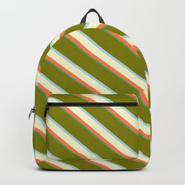[ Thumbnail: Vibrant Green, Light Blue, Light Yellow, Coral & Sea Green Colored Lines/Stripes Pattern Backpack ]