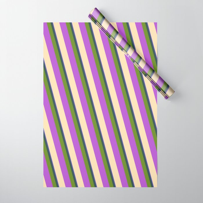 Colorful Slate Blue, Dark Slate Gray, Green, Orchid & Beige Colored Striped Pattern Wrapping Paper