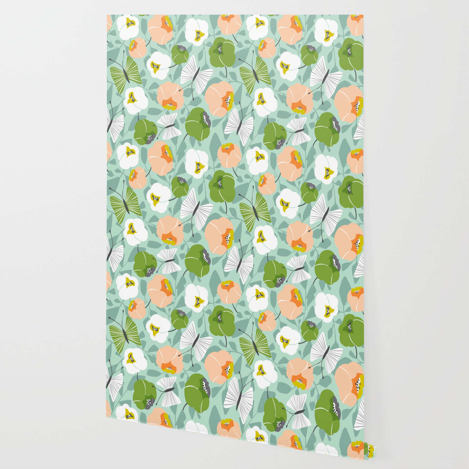 Butterfly Blossom Floral Sage Green Wallpaper By